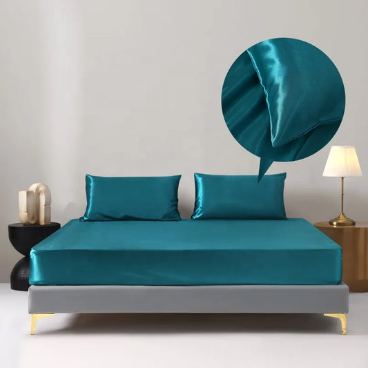 Luxury 100% Polyester Satin 3-Piece Bedding Set 1 Flat Sheet 2 Pillowcases Simple Style Woven Technique Shiny Silky Solid