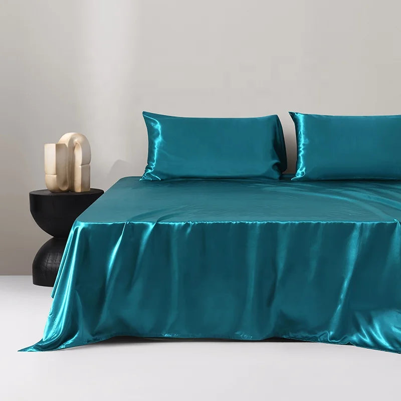 Luxury 100% Polyester Satin 3-Piece Bedding Set 1 Flat Sheet 2 Pillowcases Simple Style Woven Technique Shiny Silky Solid