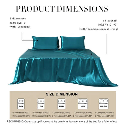 Luxury 100% Polyester Satin 3-Piece Bedding Set 1 Flat Sheet 2 Pillowcases Simple Style Woven Technique Shiny Silky Solid